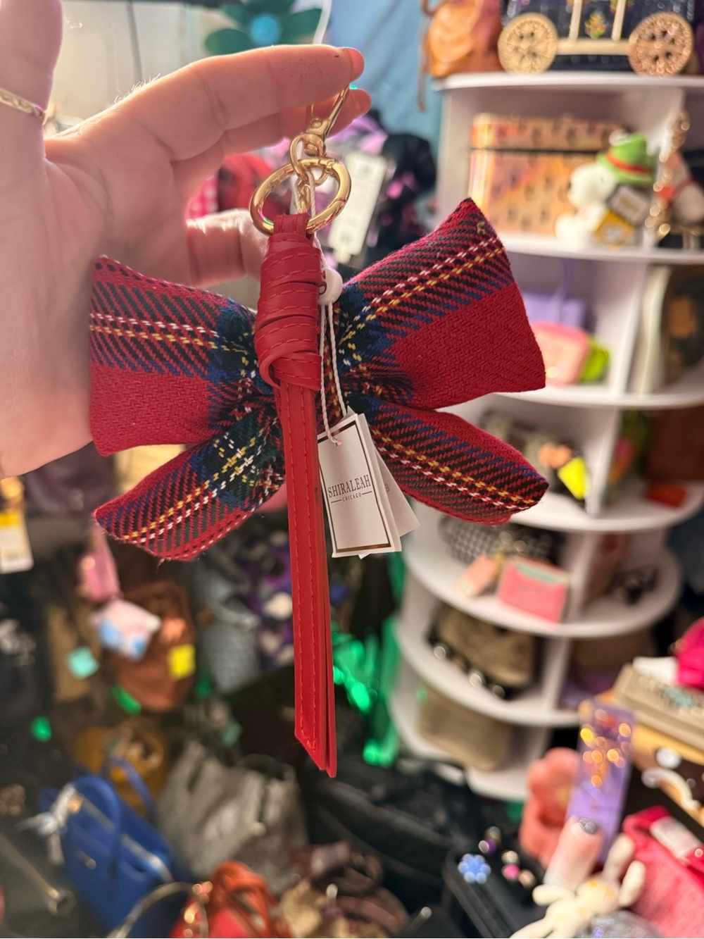 Shiraleah Red Plaid Bow Key & Card Holder Charm with Gold Hardware